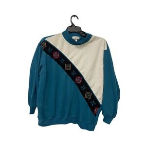 Blast Blue White Vintage Pullover Sweatshirt Plus Size 1X‎ Soft Embroidered